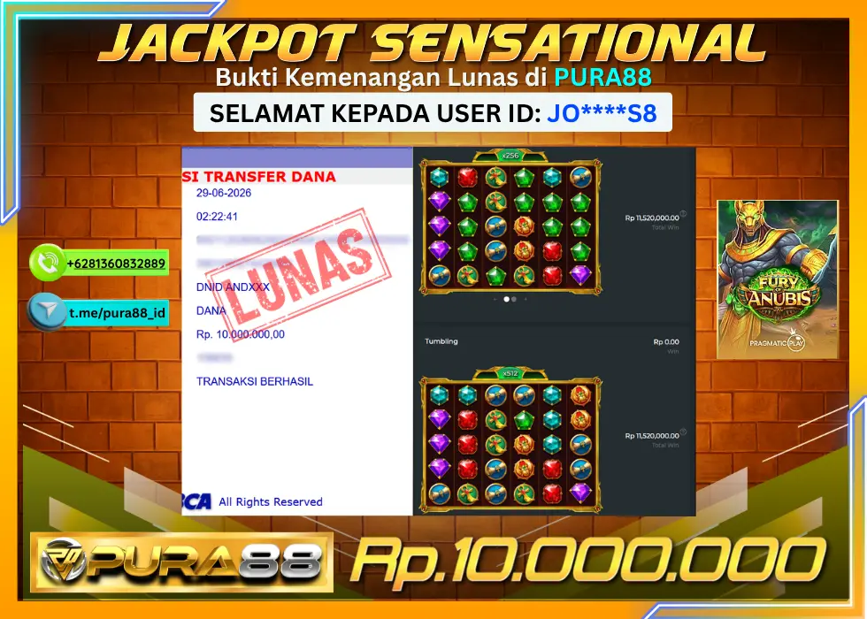 PURA88 JACKPOT FURY OF ANUBIS Rp 10.000.000,- LUNAS